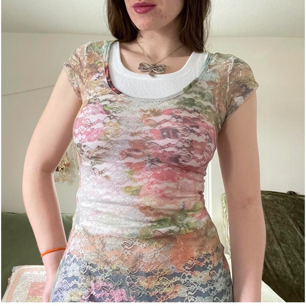 Dots Lace Top XL Multicolor Floral Sheer Mesh Cap Sleeve Scoop Neck Fairy Y2K